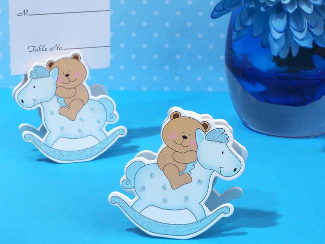 Blue Teddy Bear On Horse Photo Place Card Holder Baby Shower Favors