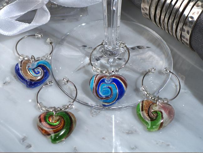 Set of 4 Murano art deco heart design Wine Charms Wedding Bridal Shower Party Favors