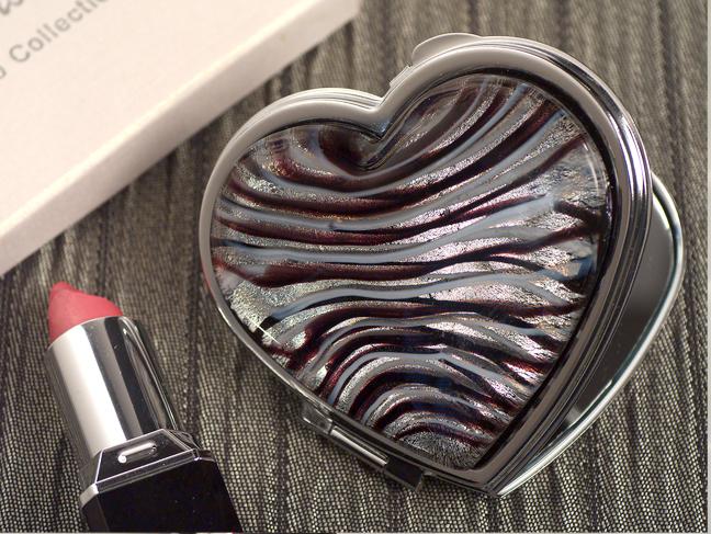 Murano art deco heart compact mirror silver and burgundy glass